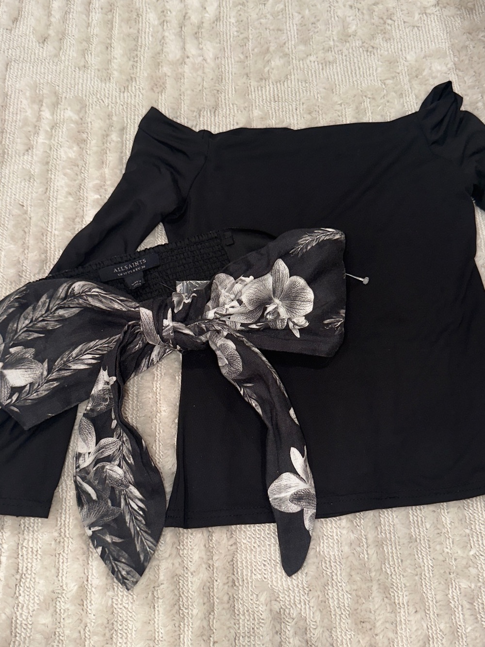 All Saints Black Off-Shoulder Top with Floral Tie Detail, bundle